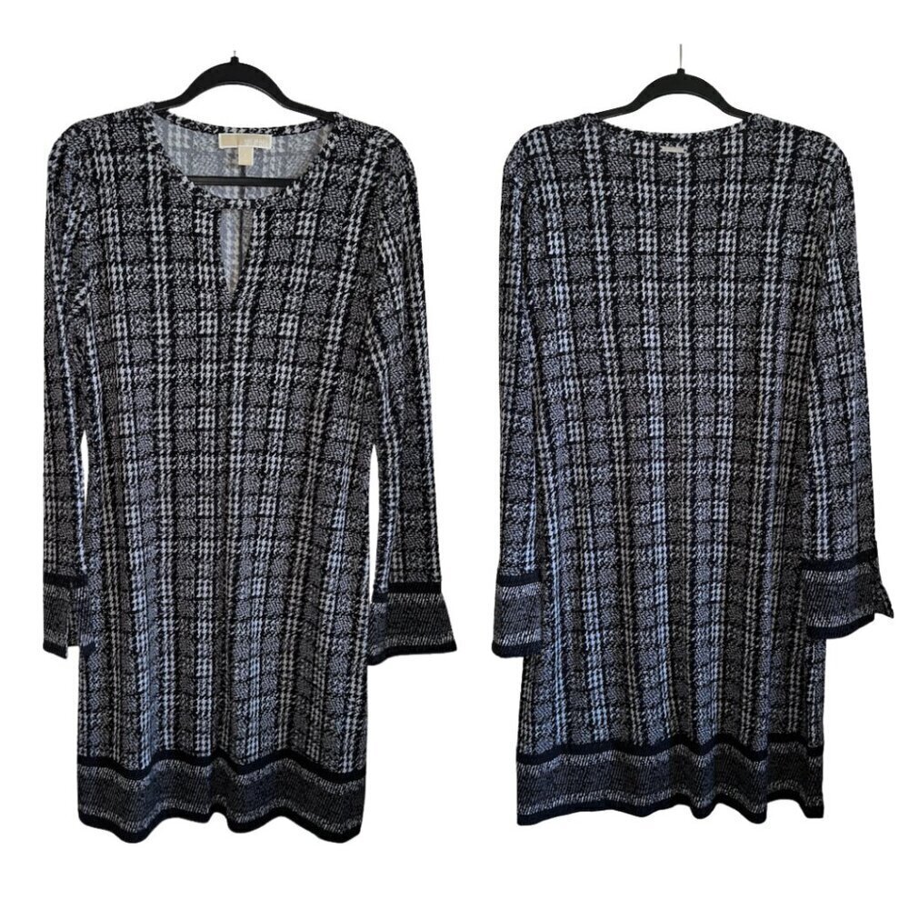 Black White Houndstooth Jacquard Michael Kors Long Sleeve Knee Length Dress L - Picture 2 of 10